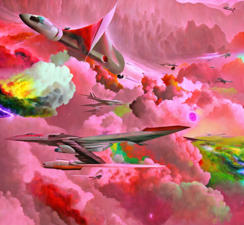 Multiple futuristic aircraft in vibrant, multicolored sky