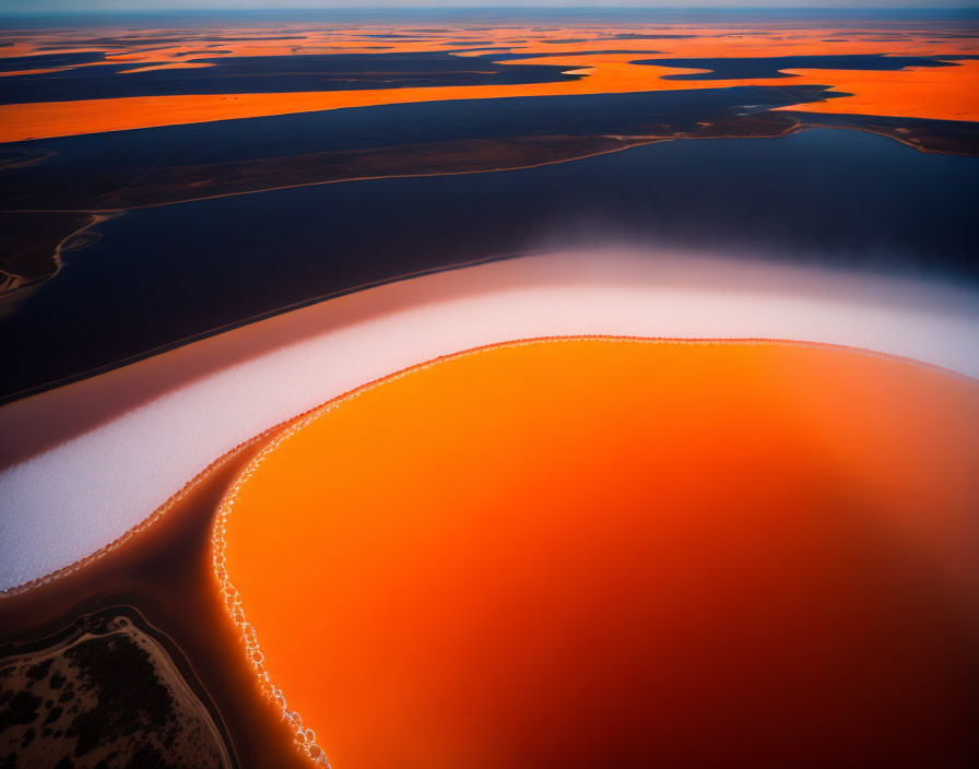 Curved orange sand dune by water at sunset