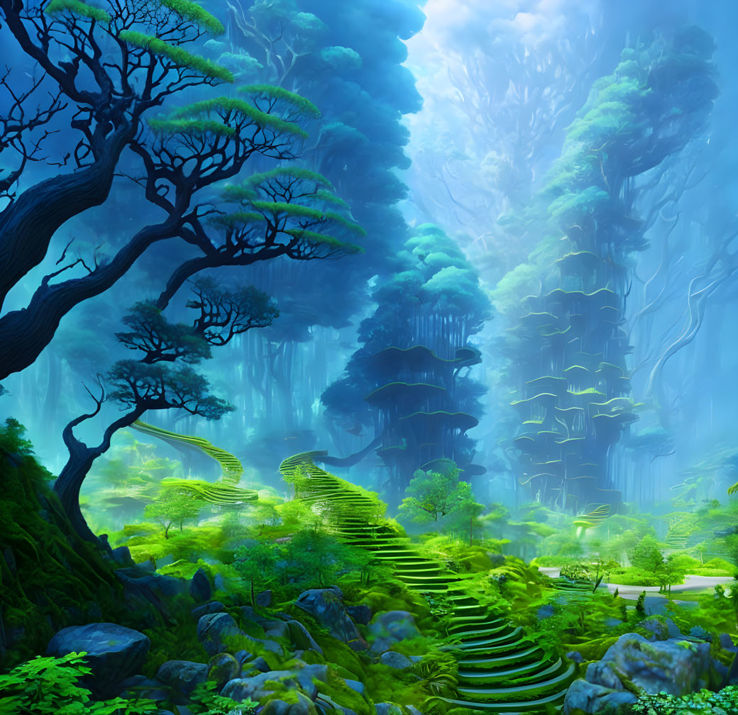 Mystical green forest with towering trees and winding staircase