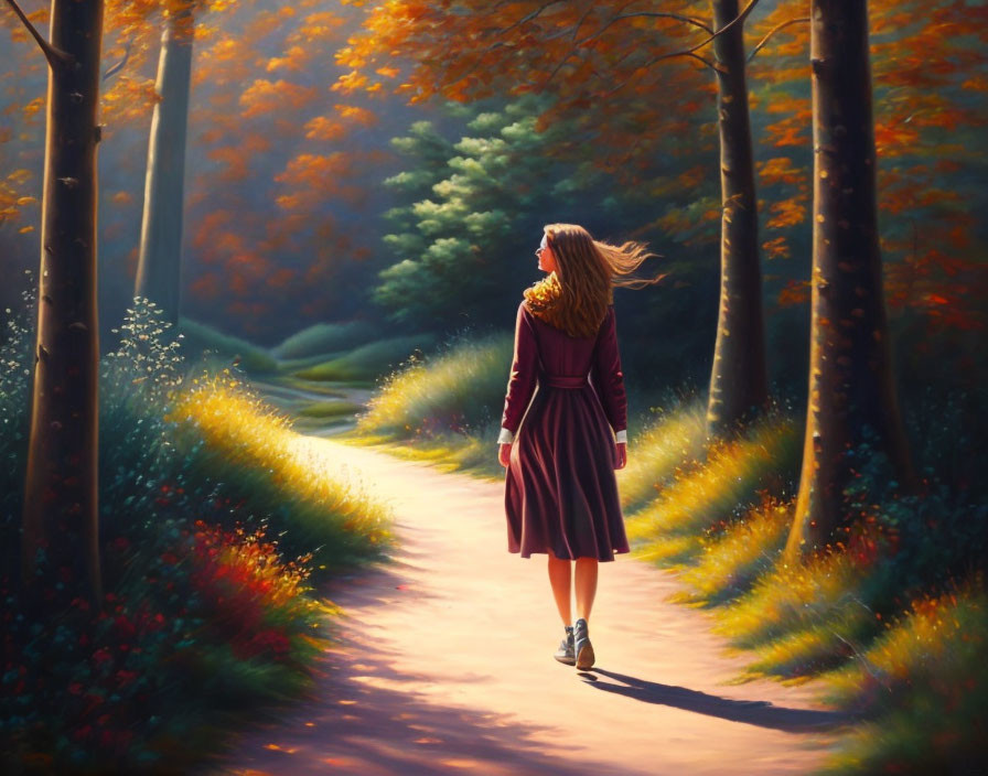 Woman in Purple Dress Walking on Forest Path Among Autumn Trees