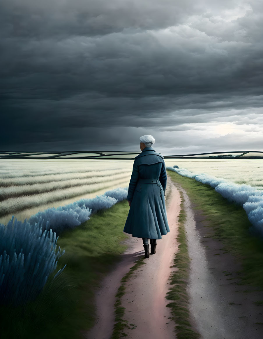 Person in Blue Coat Walking on Rural Path Amid Stormy Sky