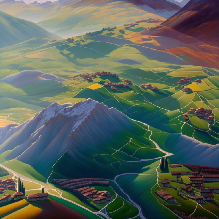 Colorful painting of lush valley, rolling hills, fields, and houses under warm light, with mountains