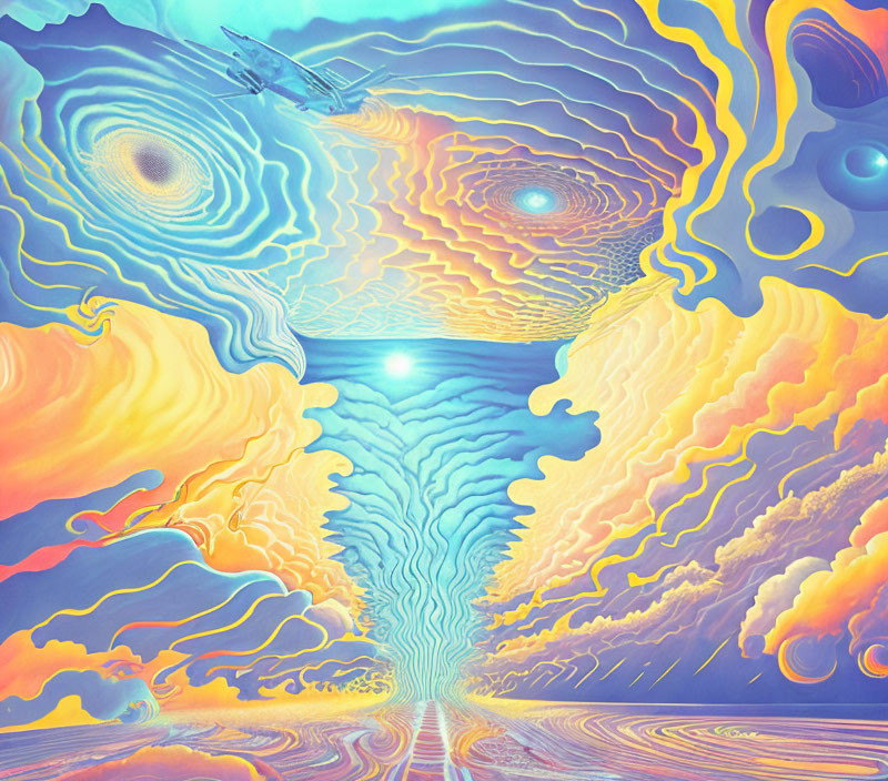 Vibrant surreal landscape with swirling orange and blue clouds