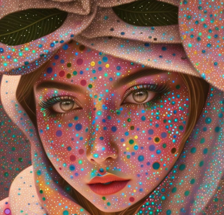 Colorful digital artwork: Woman with dotted skin, leaf-adorned headscarf