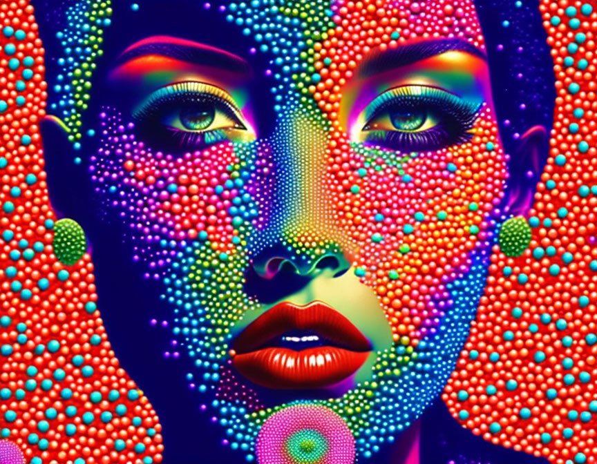 Colorful Pop Art Portrait of Woman's Face with Dotted Texture