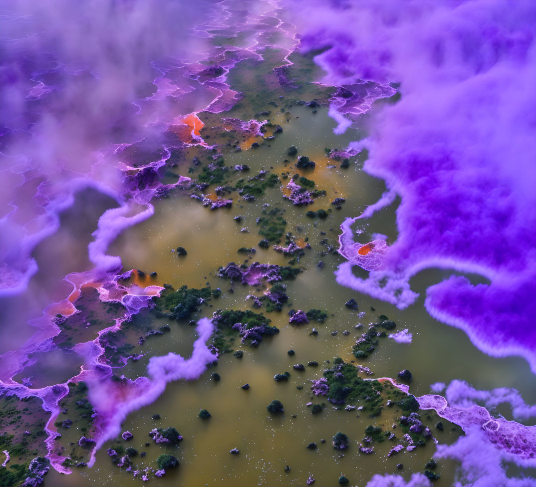 Vibrant aerial landscape with purple clouds, green terrain, and scattered rocks