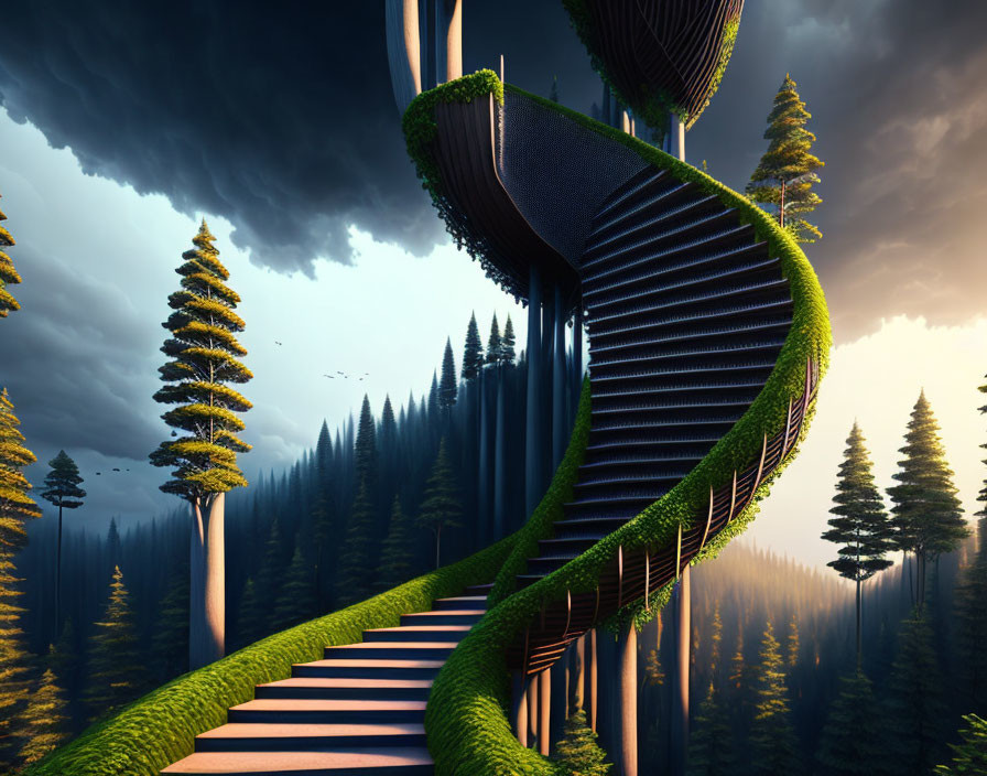 Fantastical spiral staircase wrapped in green vines amidst pine trees under stormy sky