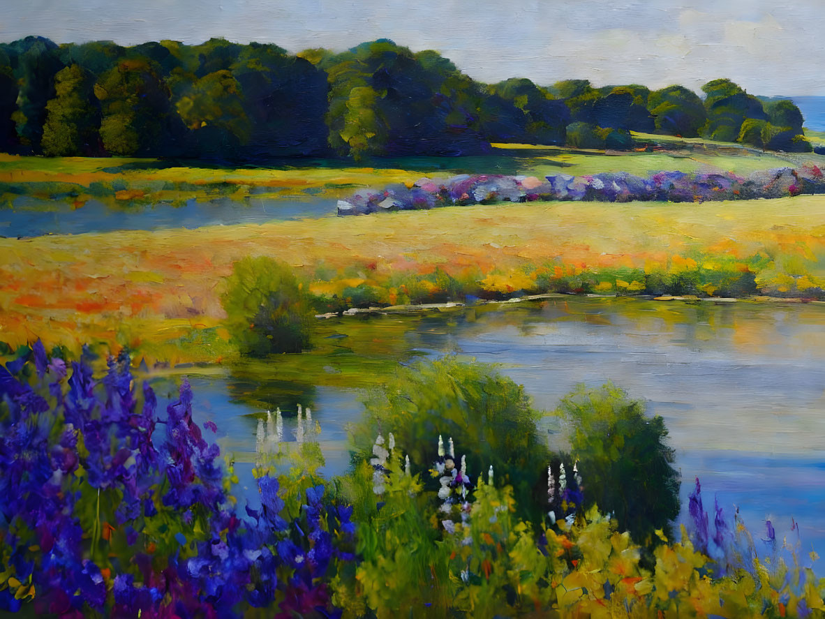 Colorful landscape painting with pond, wildflowers, trees, and blue sky