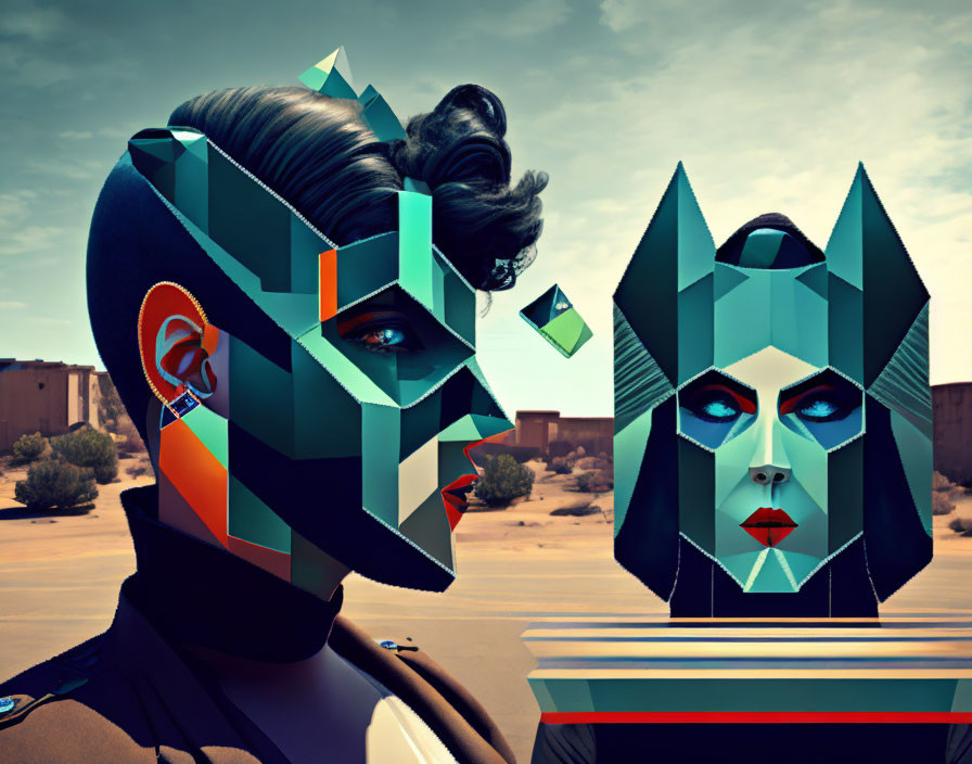 Futuristic geometric portraits in desert setting