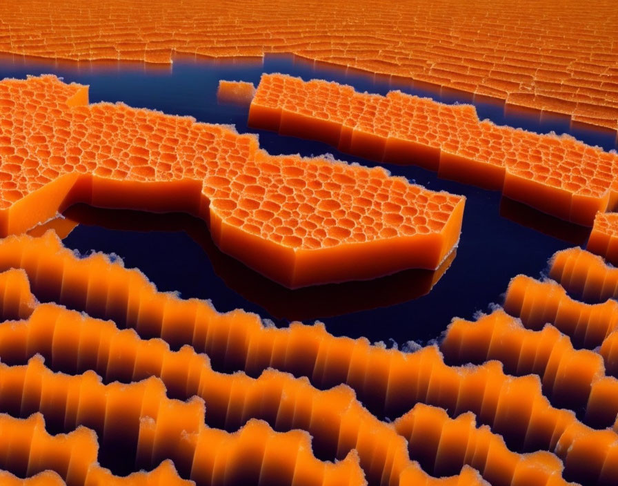 Orange Honeycomb Structures on Blue Water Surface with Gradient Sky