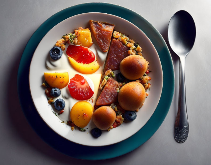 Plate of assorted fruits and nuts with apricots, blueberries, and peach slices