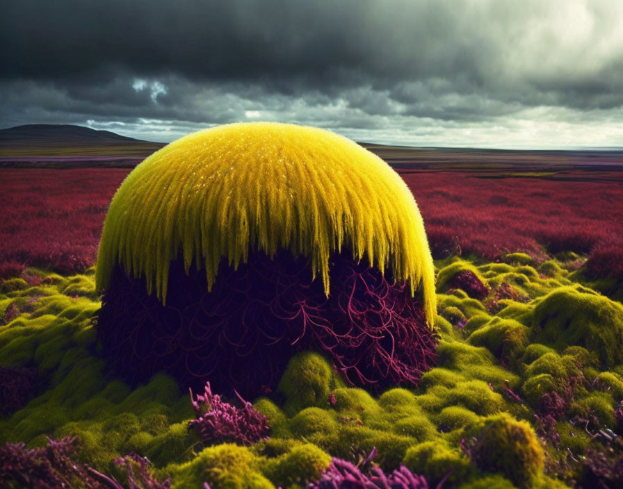 Colorful surreal landscape with mossy hillock, yellow grass, purple flora, and dramatic cloudy sky