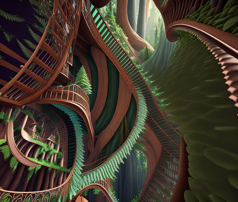 Fantastical 3D illustration of wooden structures and ferns in ethereal forest