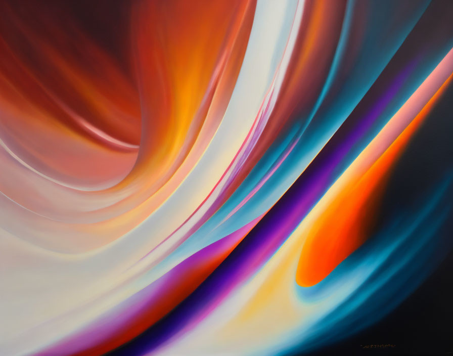 Colorful Abstract Painting with Flowing Ribbons of Warm Oranges and Cool Blues