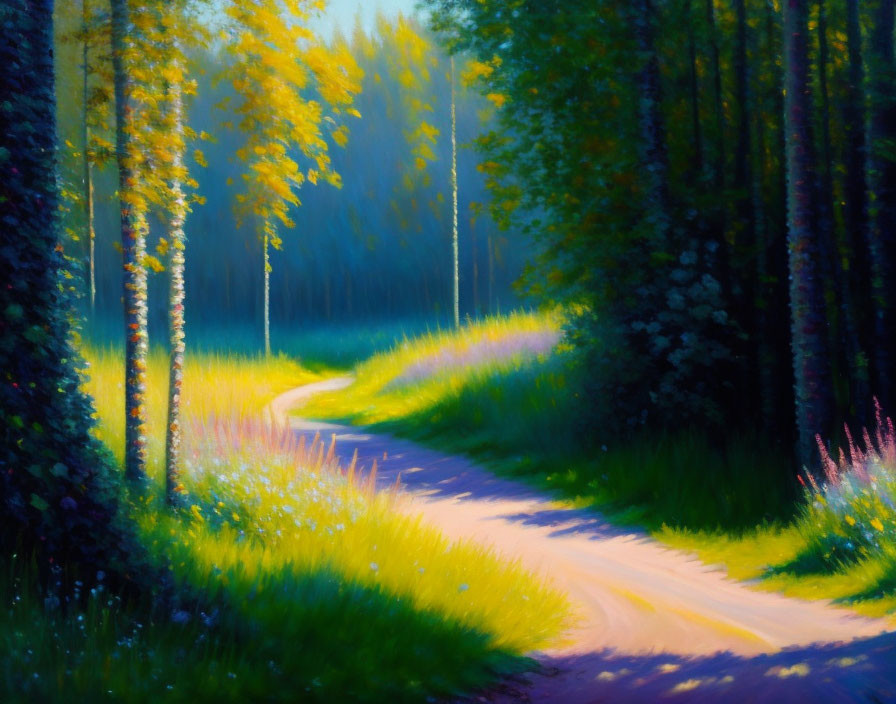 Lush forest painting: Winding path, sunlit foliage