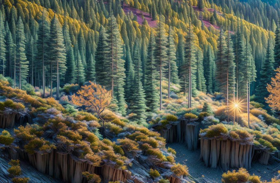 Sunset forest landscape with tall evergreens and golden autumnal shrubs