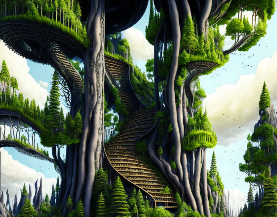 Enchanting forest with towering trees and spiraling staircases