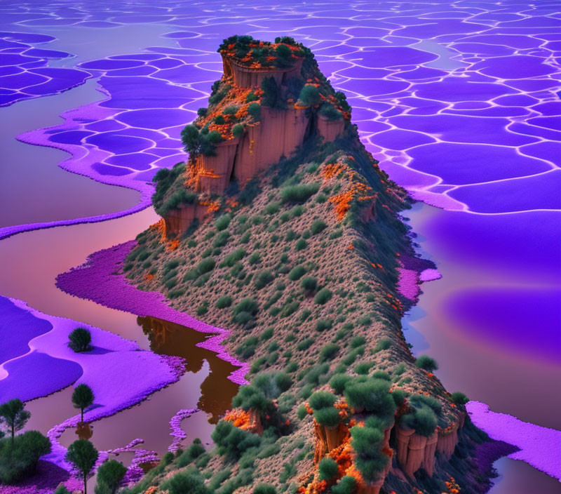 Vibrant landscape with towering butte, purple terraced water bodies, lush greenery