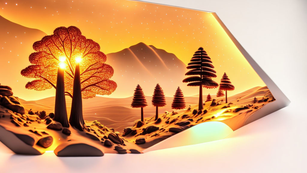 3D paper art landscape of serene sunset with mountains and stylized trees