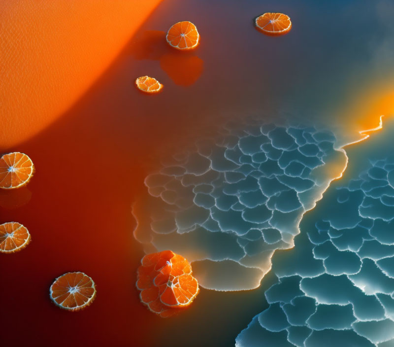 Surreal aerial view of orange slice landscape on vibrant surface