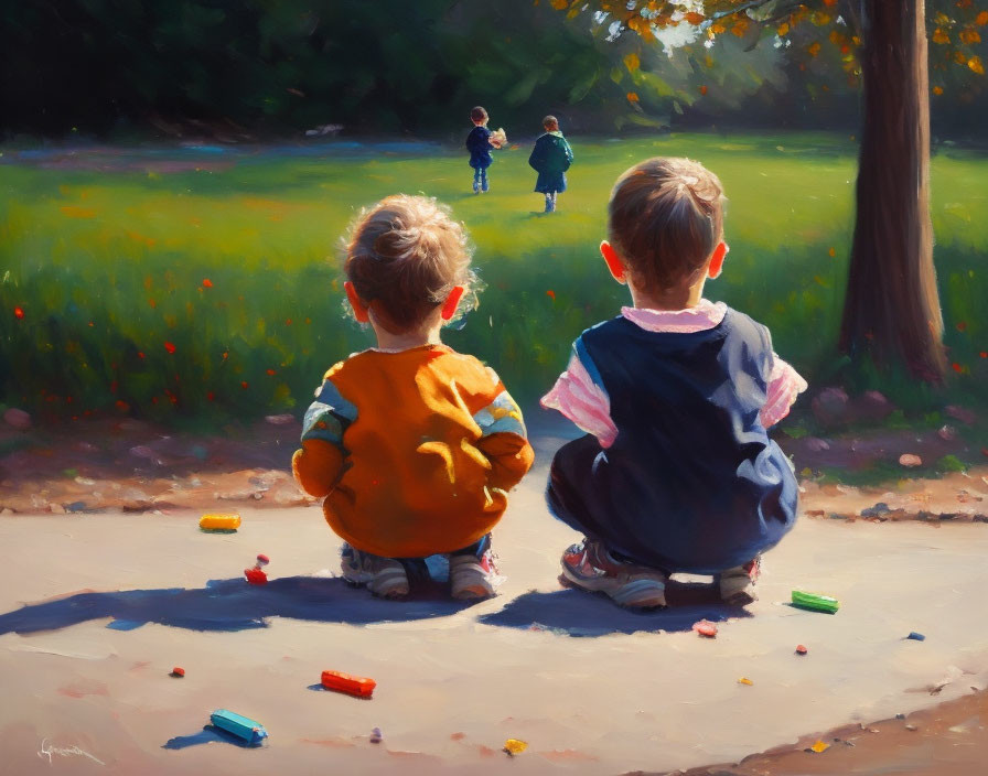 Children sitting surrounded by colorful crayons under dappled sunlight.