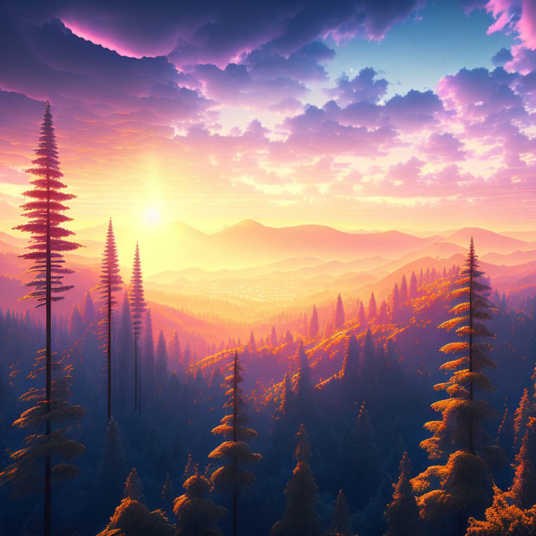 Colorful Purple and Orange Sunset Over Dense Forest and Mountains