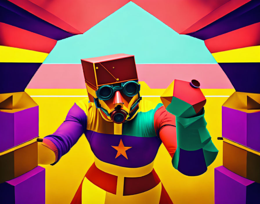 Colorful Character with Gas Mask Taking Selfie on Geometric Background