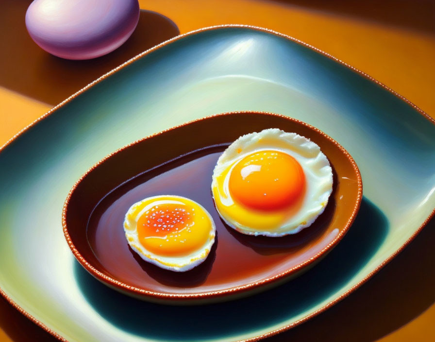 Sunny-Side-Up Eggs on Brown Plate with Pink Object