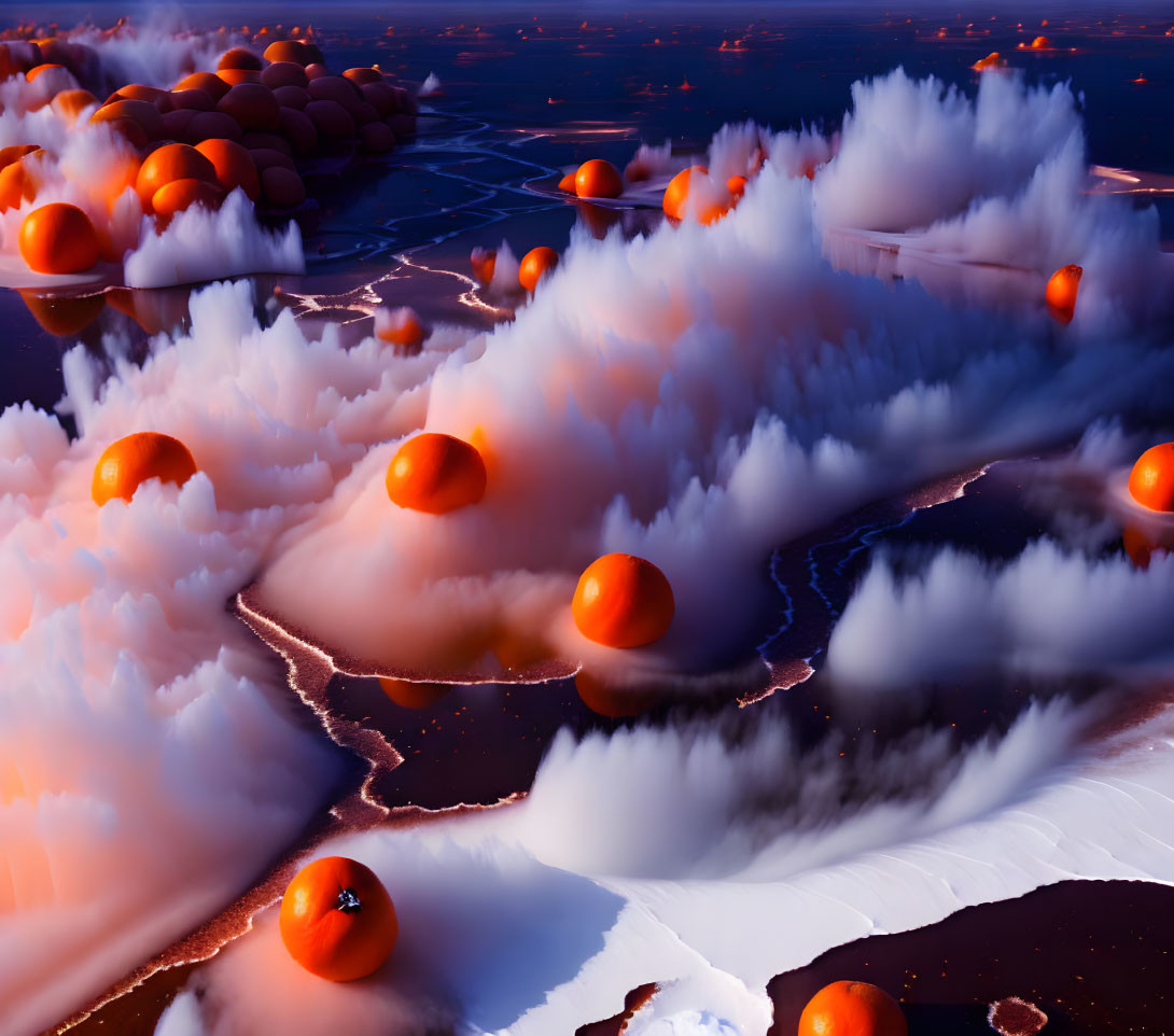 Surreal landscape with orange orbs, flowing clouds, and red glow