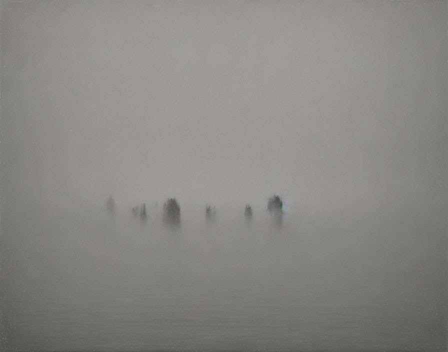 Misty silhouettes of people with reflections on water surface