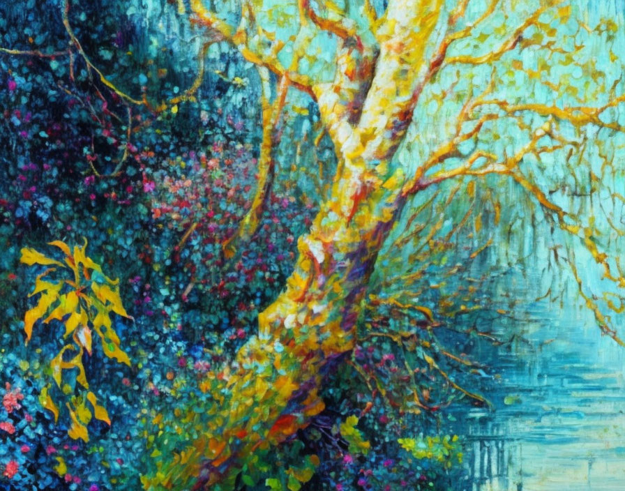 Vibrant impressionist painting of a colorful tree and garden