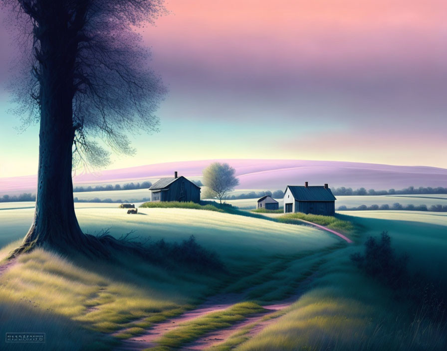 Tranquil dawn landscape with tree, houses, path, and pastel skies