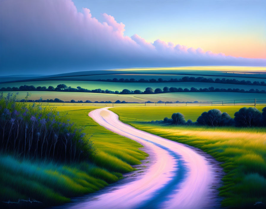 Serene landscape with winding road through green fields at dawn or dusk