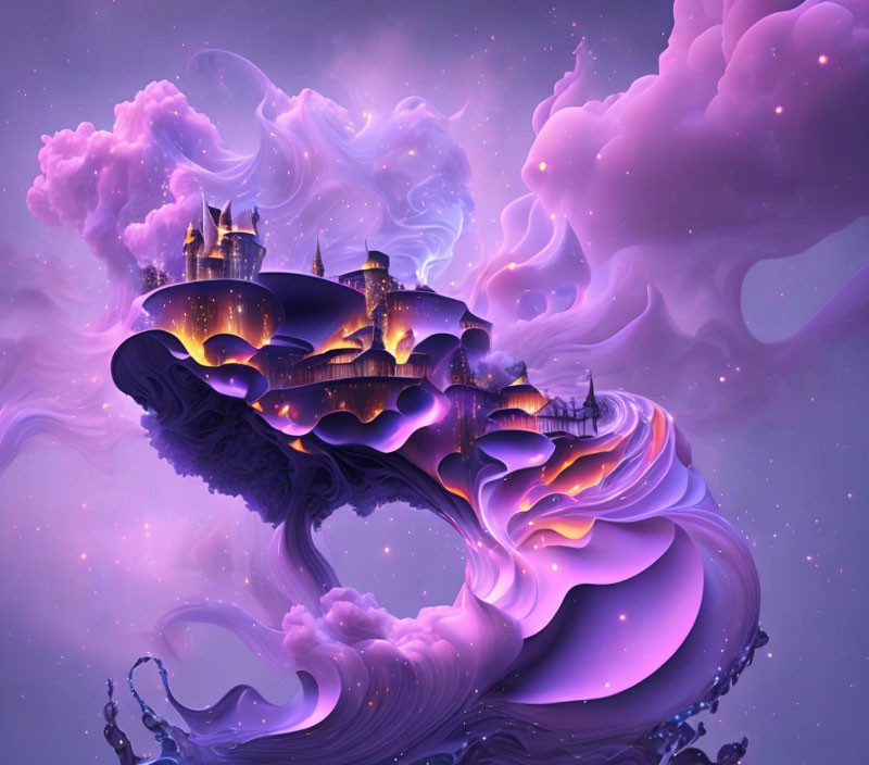 Floating Island with Purple Clouds and Castles in Twilight Sky