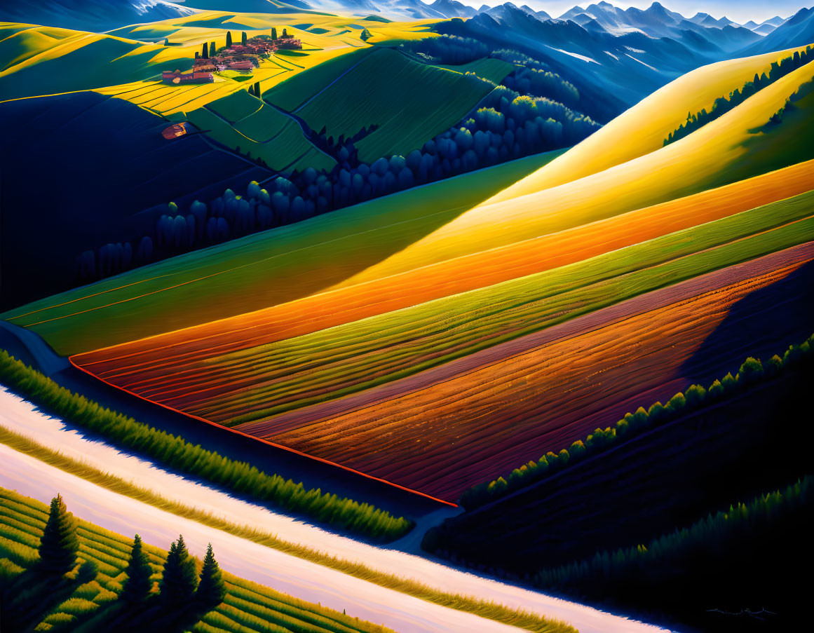 Vibrant farmland patterns on rolling hills with dynamic lighting.