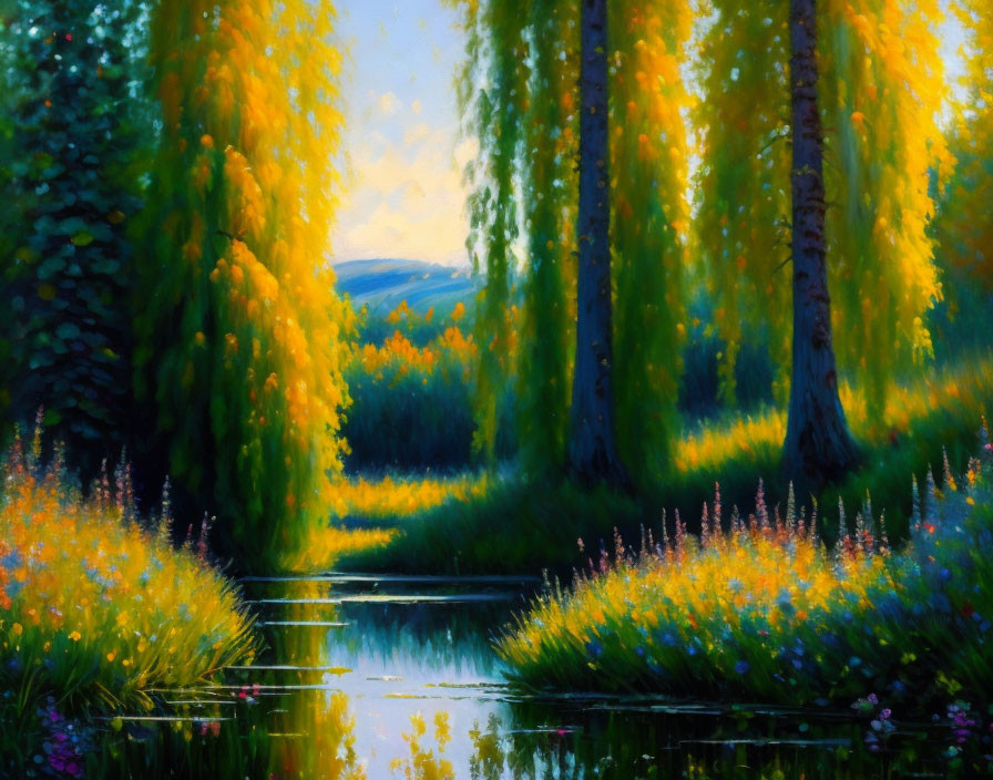 Tranquil landscape with weeping willows, serene stream, purple wildflowers, and soft sunset