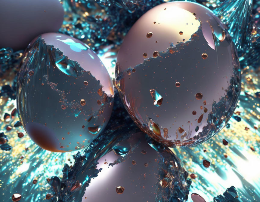 Reflective spherical objects in metallic blue and gold chaos.