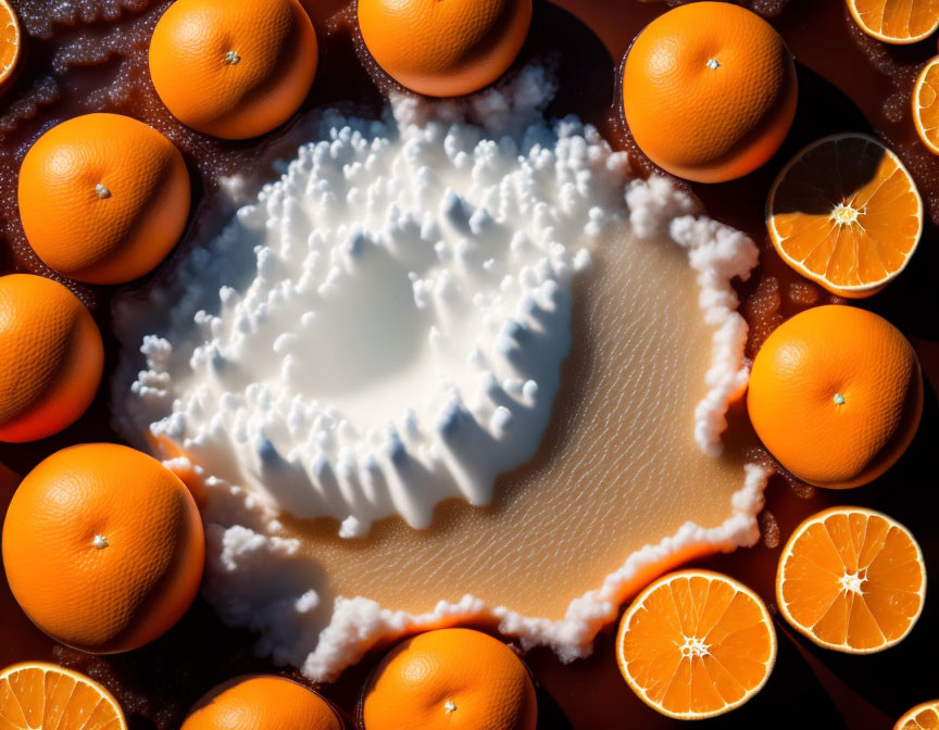 Heart-shaped milk splash with oranges on dark surface