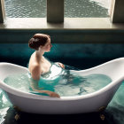 Tranquil woman in luxurious clawfoot bathtub with natural light