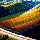 Vibrant farmland patterns on rolling hills with dynamic lighting.