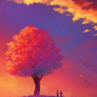 Colorful digital artwork: Red tree on purple hills, snowy mountains, sunset sky.