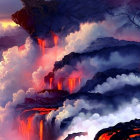 Surreal landscape with orange orbs, flowing clouds, and red glow