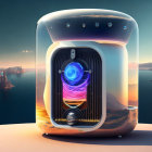 Transparent door washing machine with cosmic scene against desert backdrop