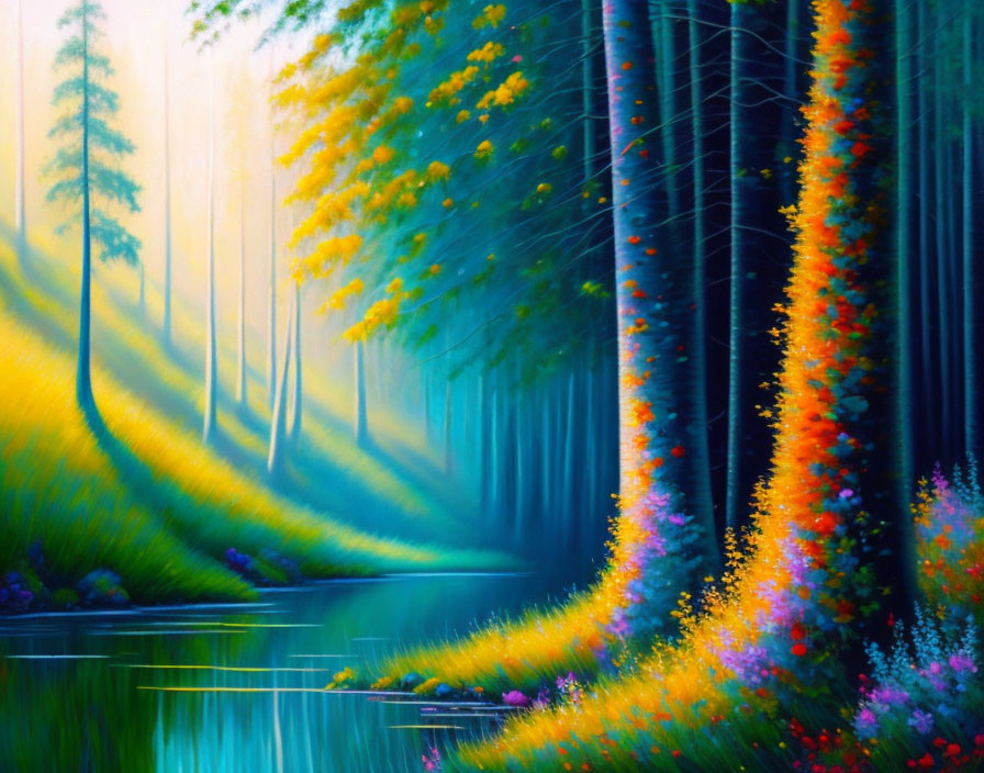 Colorful forest painting with flowers, river, and sunlight.