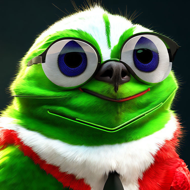 Colorful stylized image of a frog in glasses and sweater