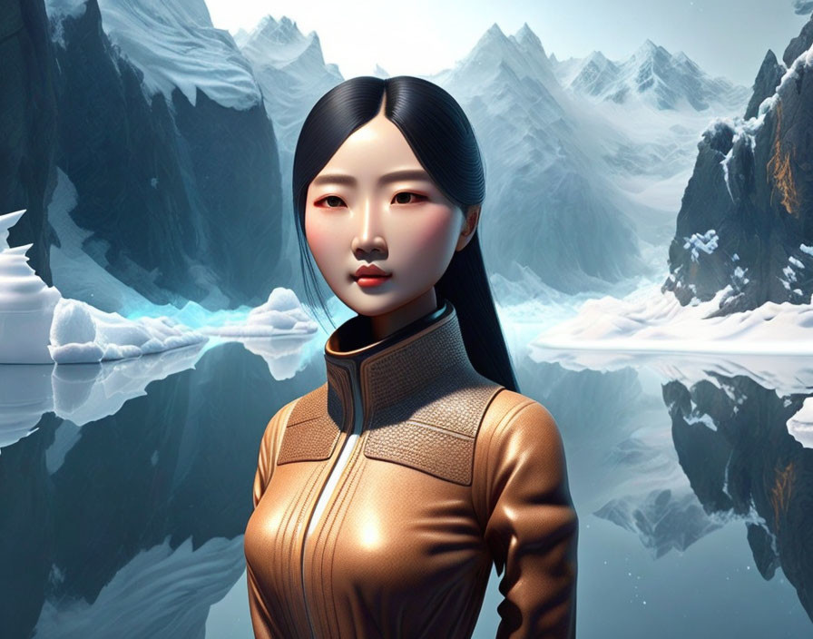 Digital art of woman in futuristic brown suit against snowy landscape