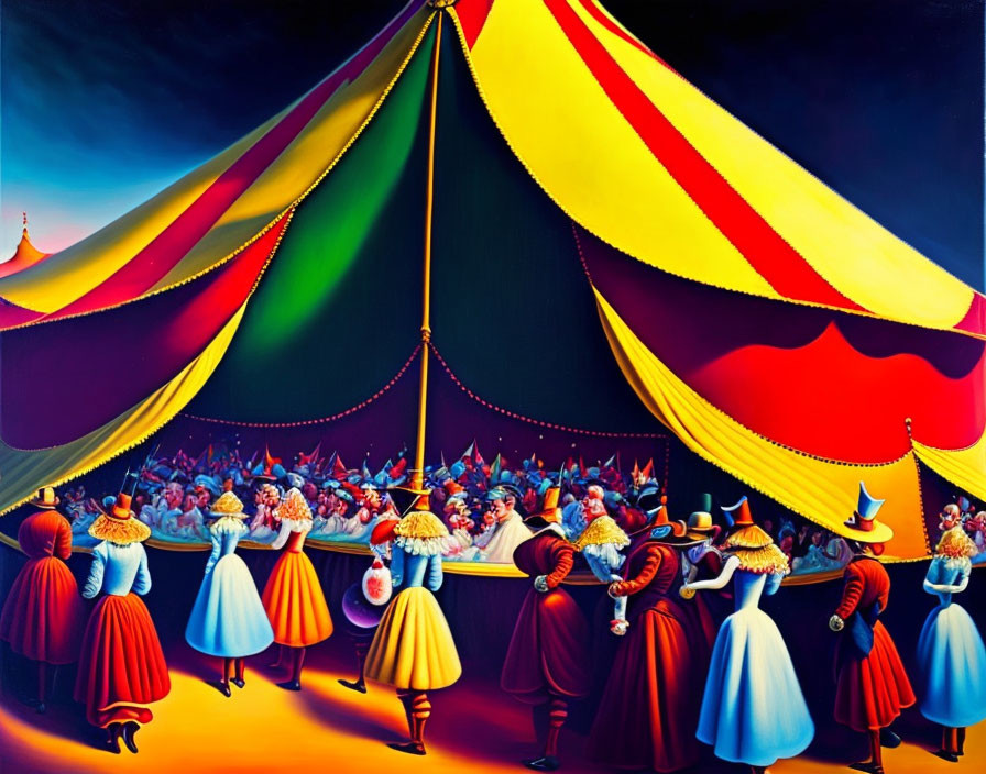 Colorful Circus Scene with Crowd and Performers Under Striped Tent