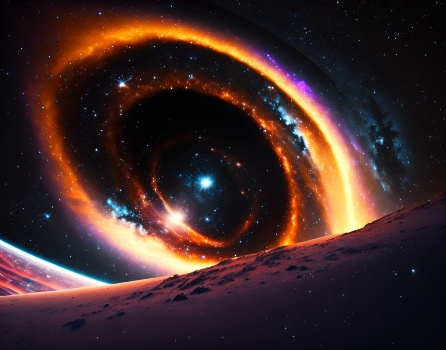 Orange and Purple Swirling Vortex with Bright Star in Star-Filled Sky