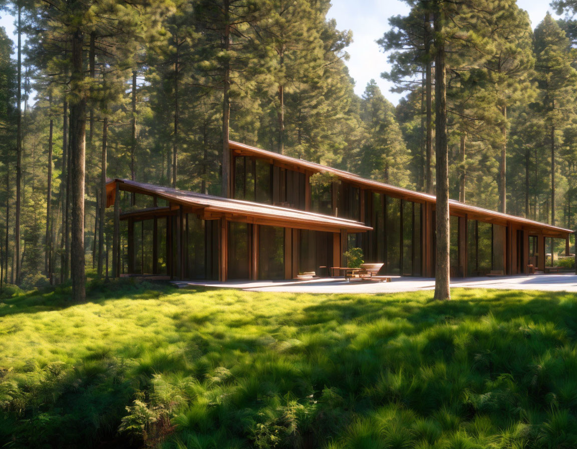 Contemporary wooden house with large glass windows in forest clearing