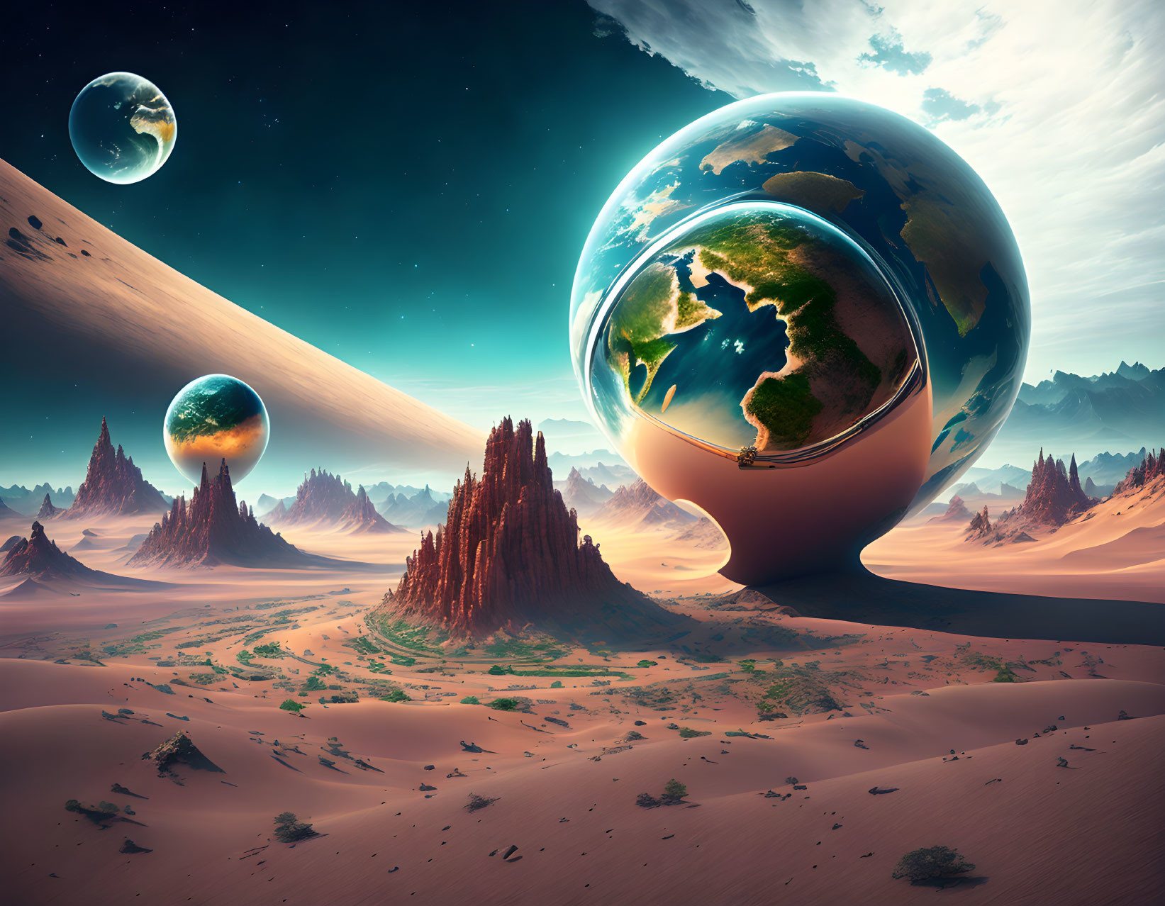 Surreal landscape: Earth-like spheres, desert, rocky spires, cosmic sky.